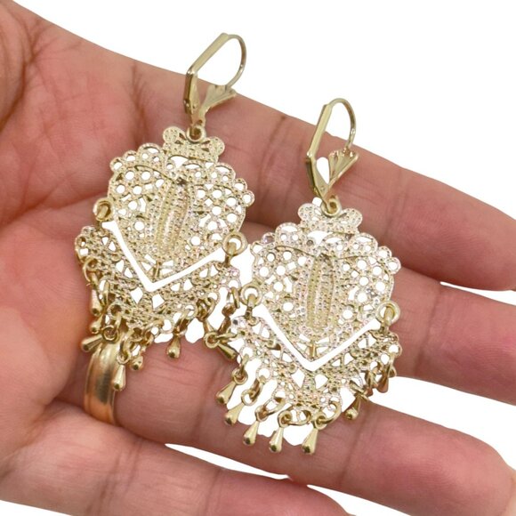 NEW Gold Filled Gold Filigree Heart Dangle Earrings With Virgin Mary Design - Picture 5 of 6